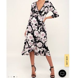 Black Floral Print Ruffled Wrap Midi Dress